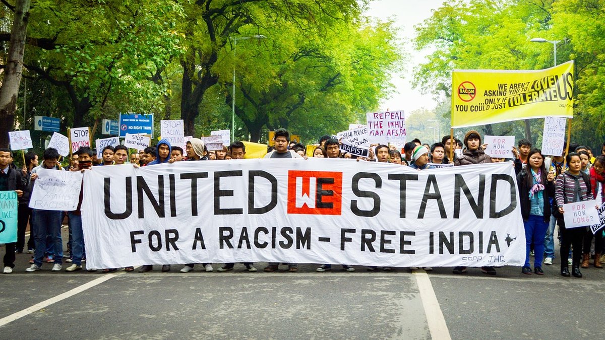 Protesters and police gathered at a demonstration site in Delhi.